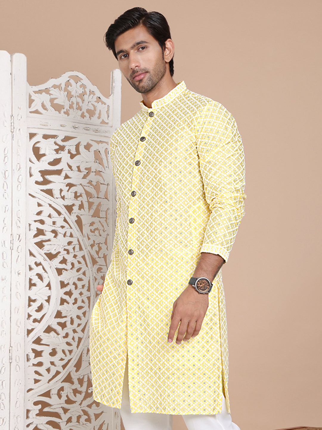 Sequin Chikankari Front Open Kurtas ( KO 5029Yellow )