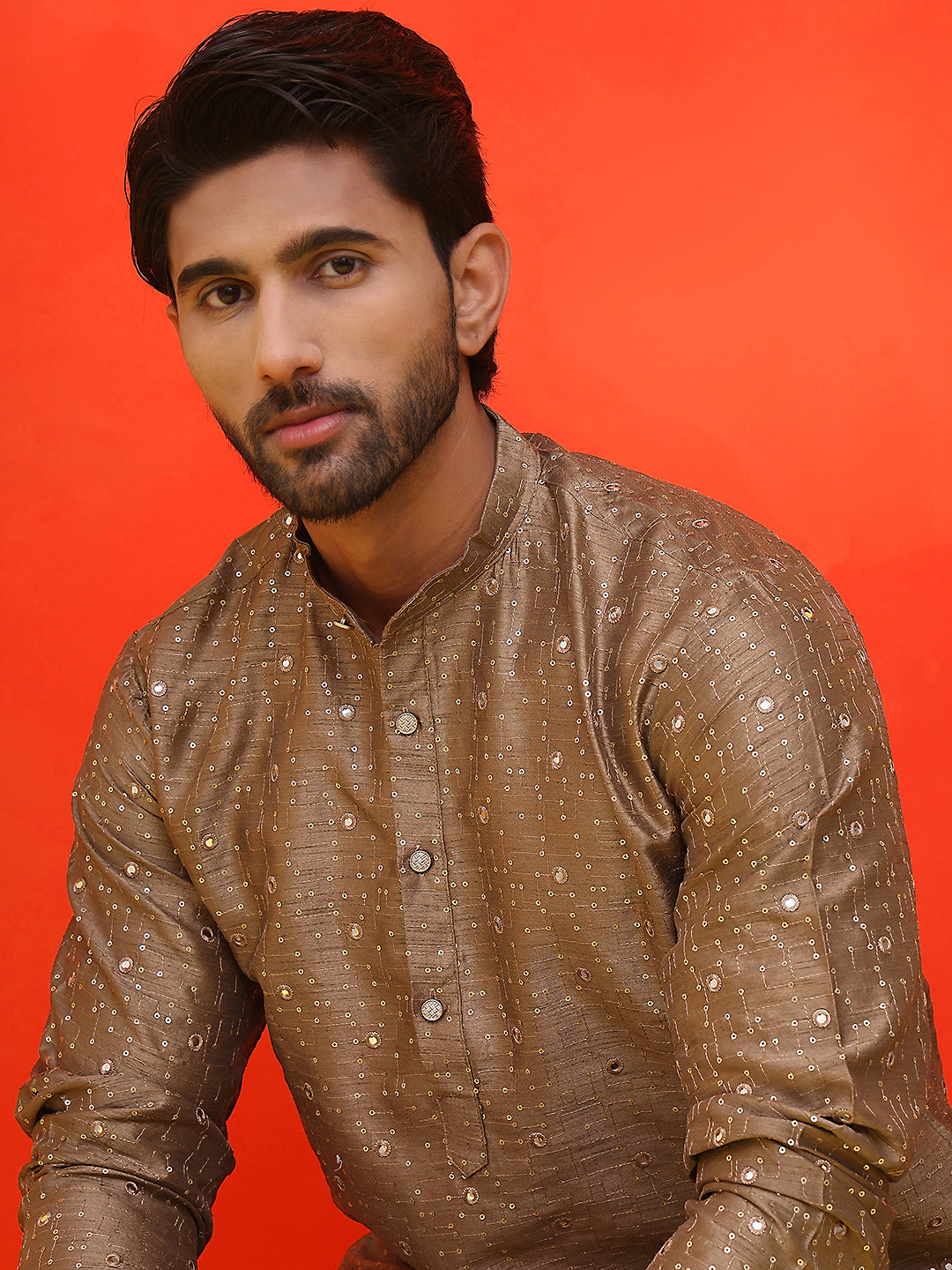 Embroidered Mirror Work Kurtas ( KO 5035 Brown ) [FF] [E-10]