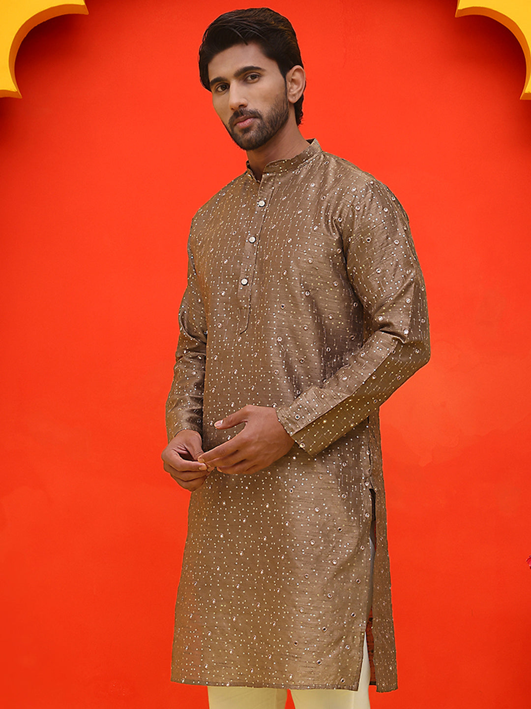 Embroidered Mirror Work Kurtas ( KO 5035 Brown ) [FF] [E-10]