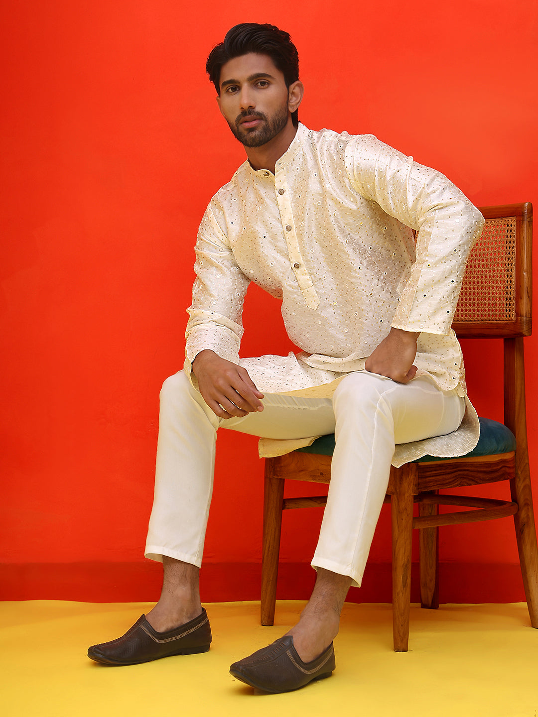 Embroidered Mirror Work Kurtas ( KO 5035 White ) [FF] [E-10]