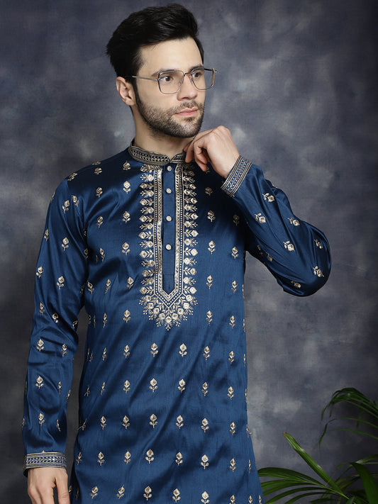 Men's Navy Blue Chikankari Embroidered Kurtas ( KO 5042Navy ) [FF] [O-4-5]