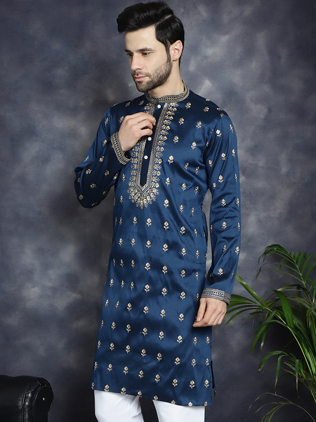 Men's Navy Blue Chikankari Embroidered Kurtas ( KO 5042Navy ) [FF] [O-4-5]