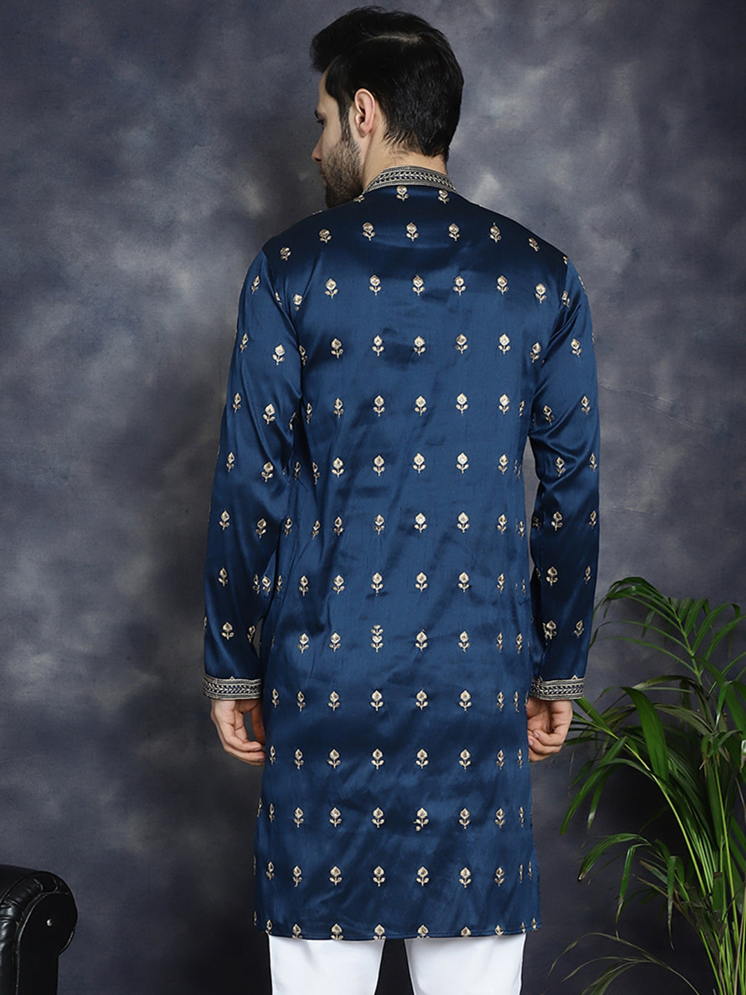 Men's Navy Blue Chikankari Embroidered Kurtas ( KO 5042Navy ) [FF] [O-4-5]