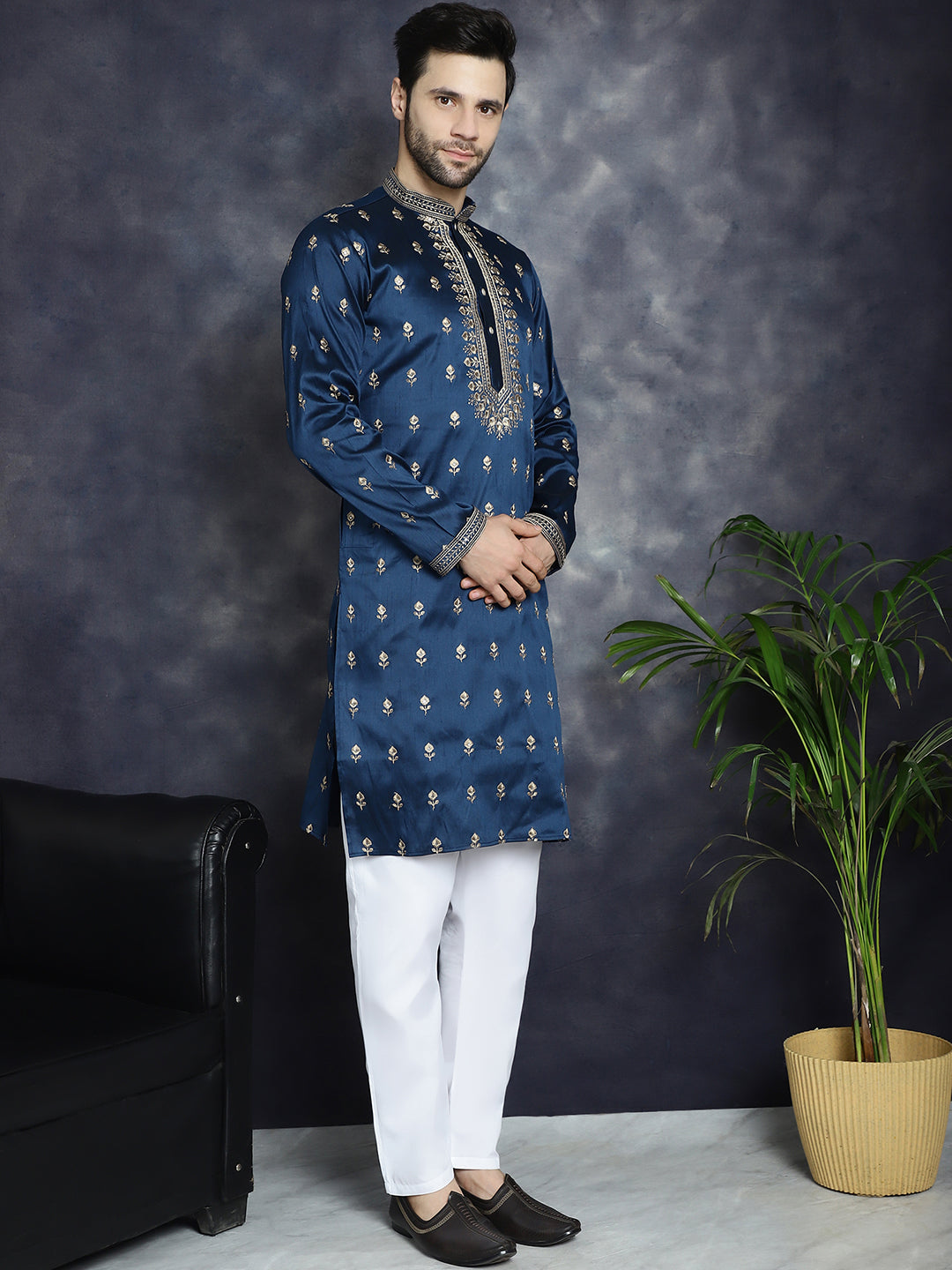 Men's Navy Blue Chikankari Embroidered Kurtas ( KO 5042Navy ) [FF] [O-4-5]