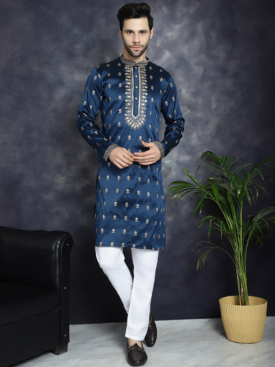 Men's Navy Blue Chikankari Embroidered Kurtas ( KO 5042Navy ) [FF] [O-4-5]