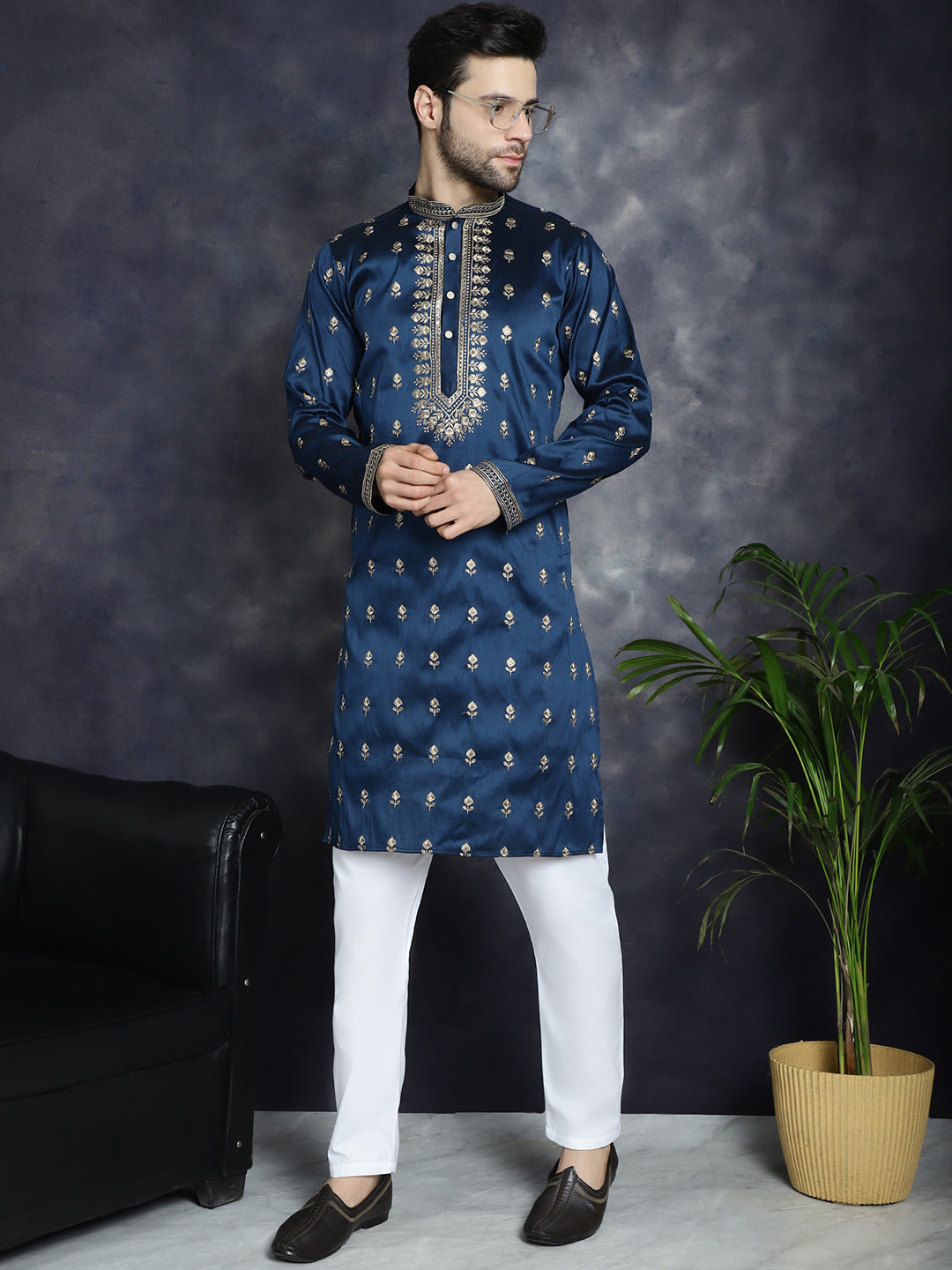 Men's Navy Blue Chikankari Embroidered Kurtas ( KO 5042Navy ) [FF] [O-4-5]