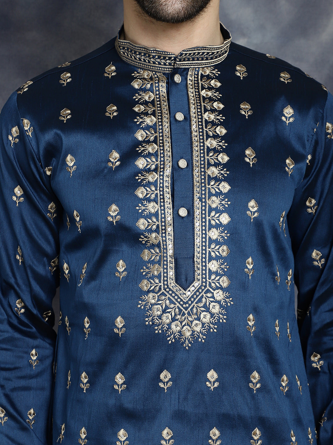 Men's Navy Blue Chikankari Embroidered Kurtas ( KO 5042Navy ) [FF] [O-4-5]