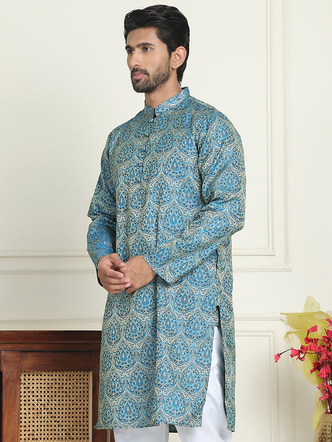 Men's Silk Blend Straight Kurtas ( KO 5043 Blue )