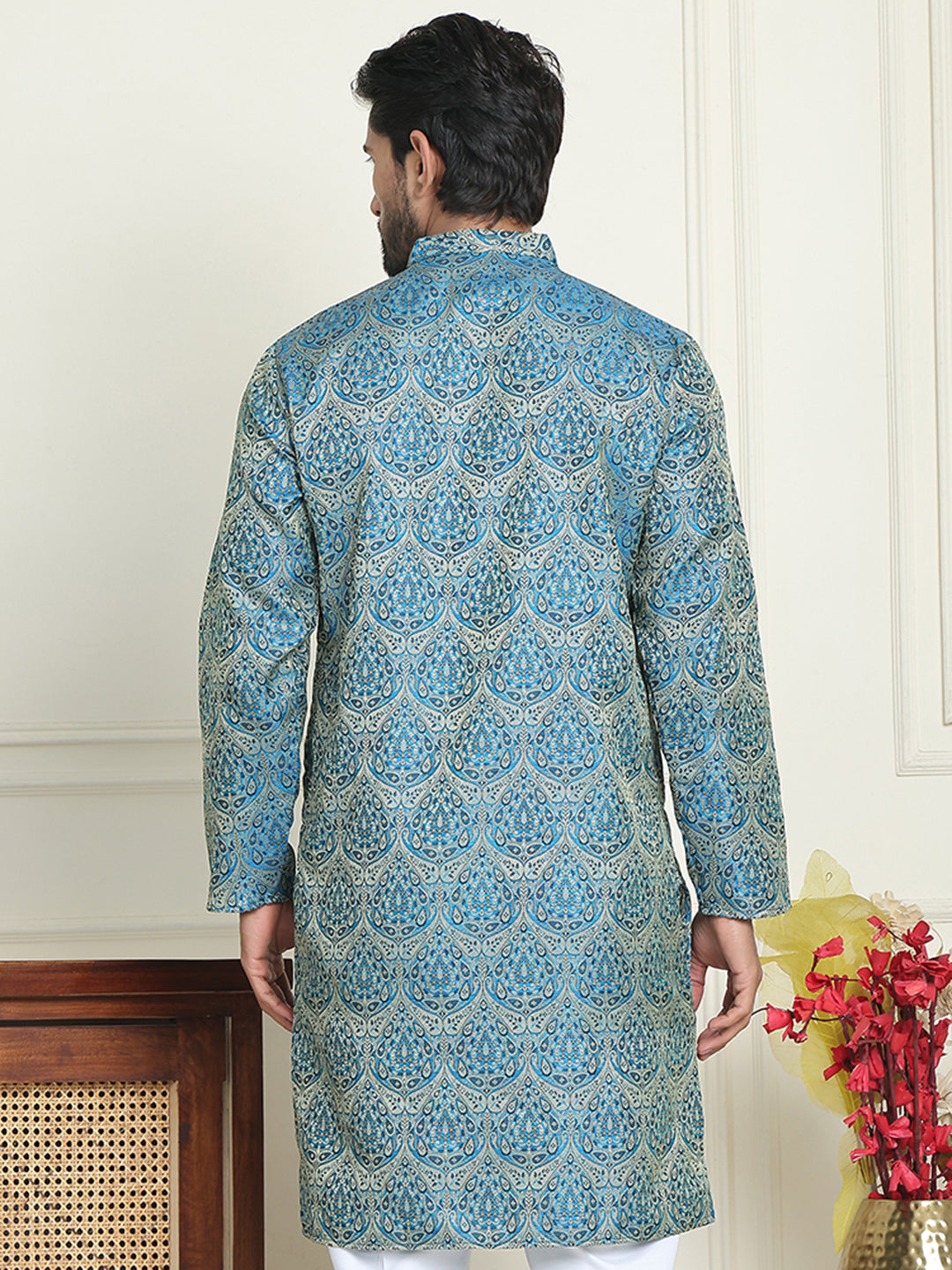 Men's Silk Blend Straight Kurtas ( KO 5043 Blue )