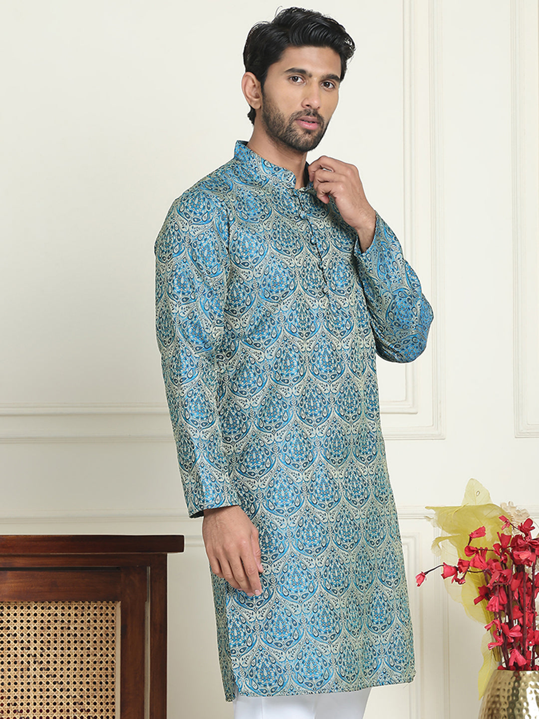 Men's Silk Blend Straight Kurtas ( KO 5043 Blue )