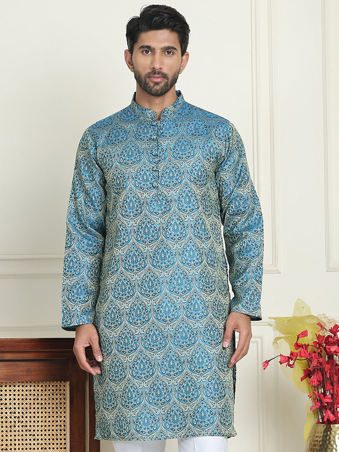 Men's Silk Blend Straight Kurtas ( KO 5043 Blue )