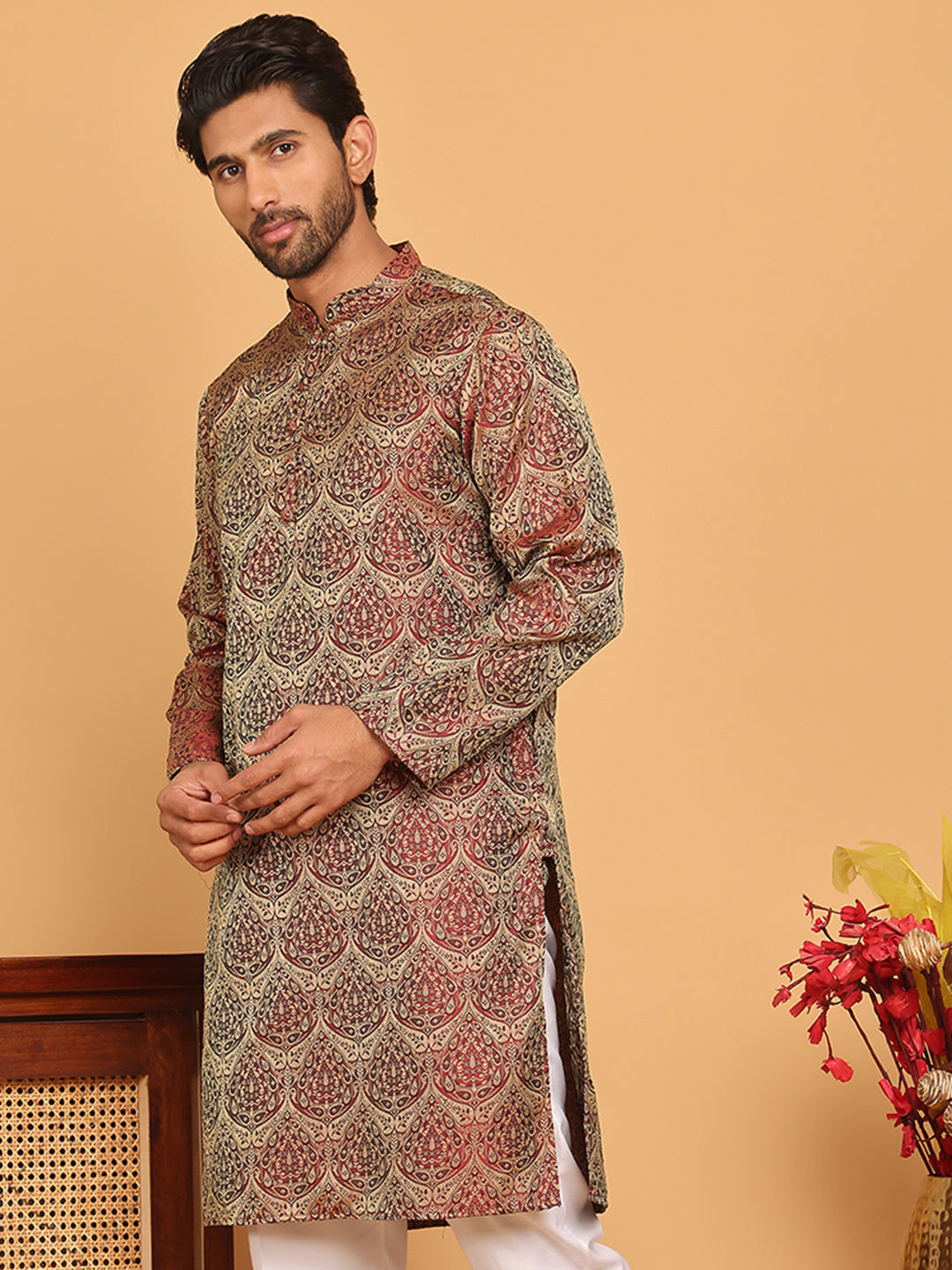 Men's Silk Blend Straight Kurtas ( KO 5043 Maroon )