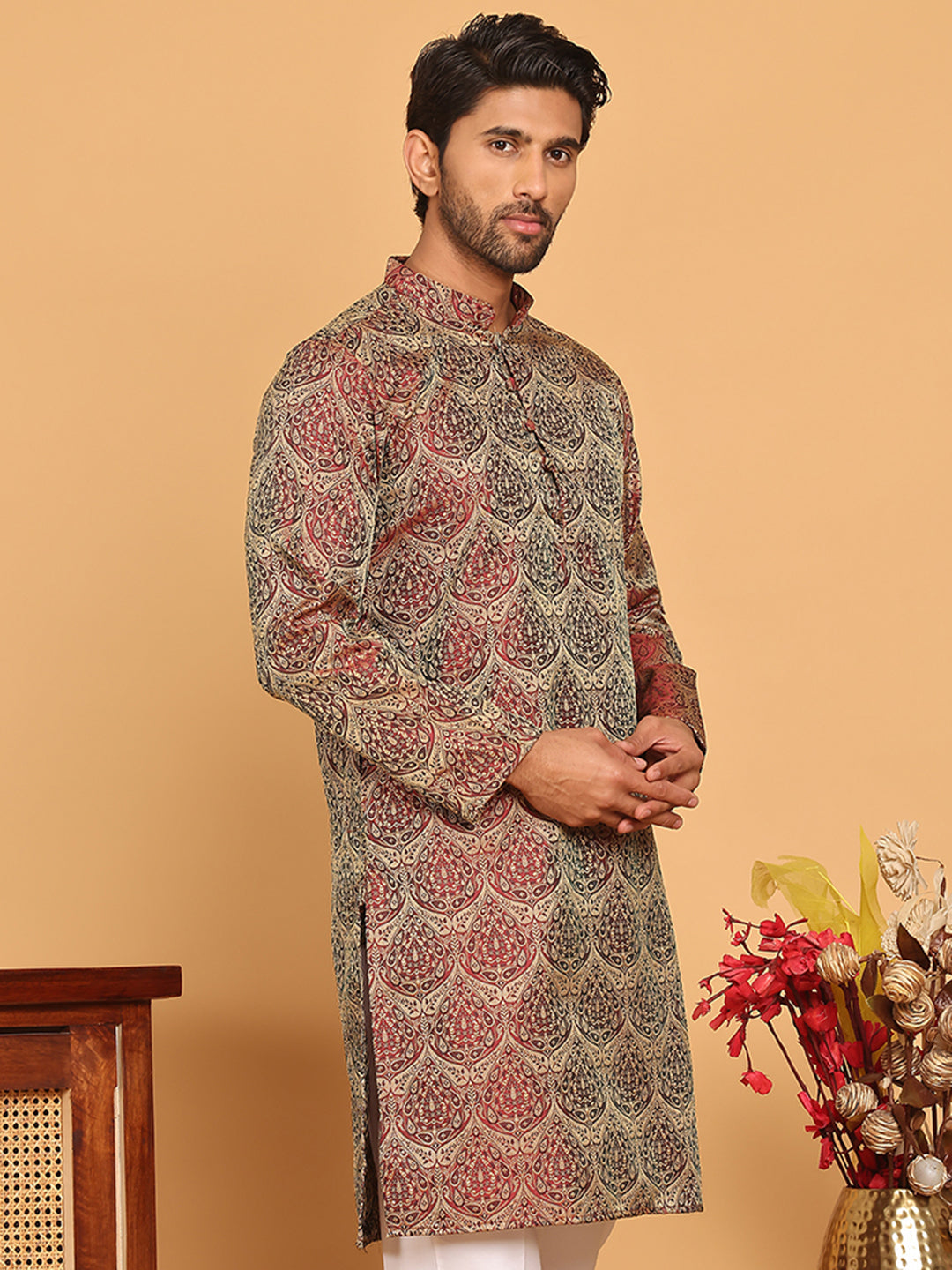 Men's Silk Blend Straight Kurtas ( KO 5043 Maroon )