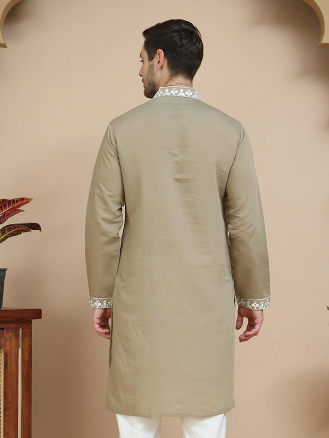 Men's Embroidered Kurtas ( KO 5045 Brown )