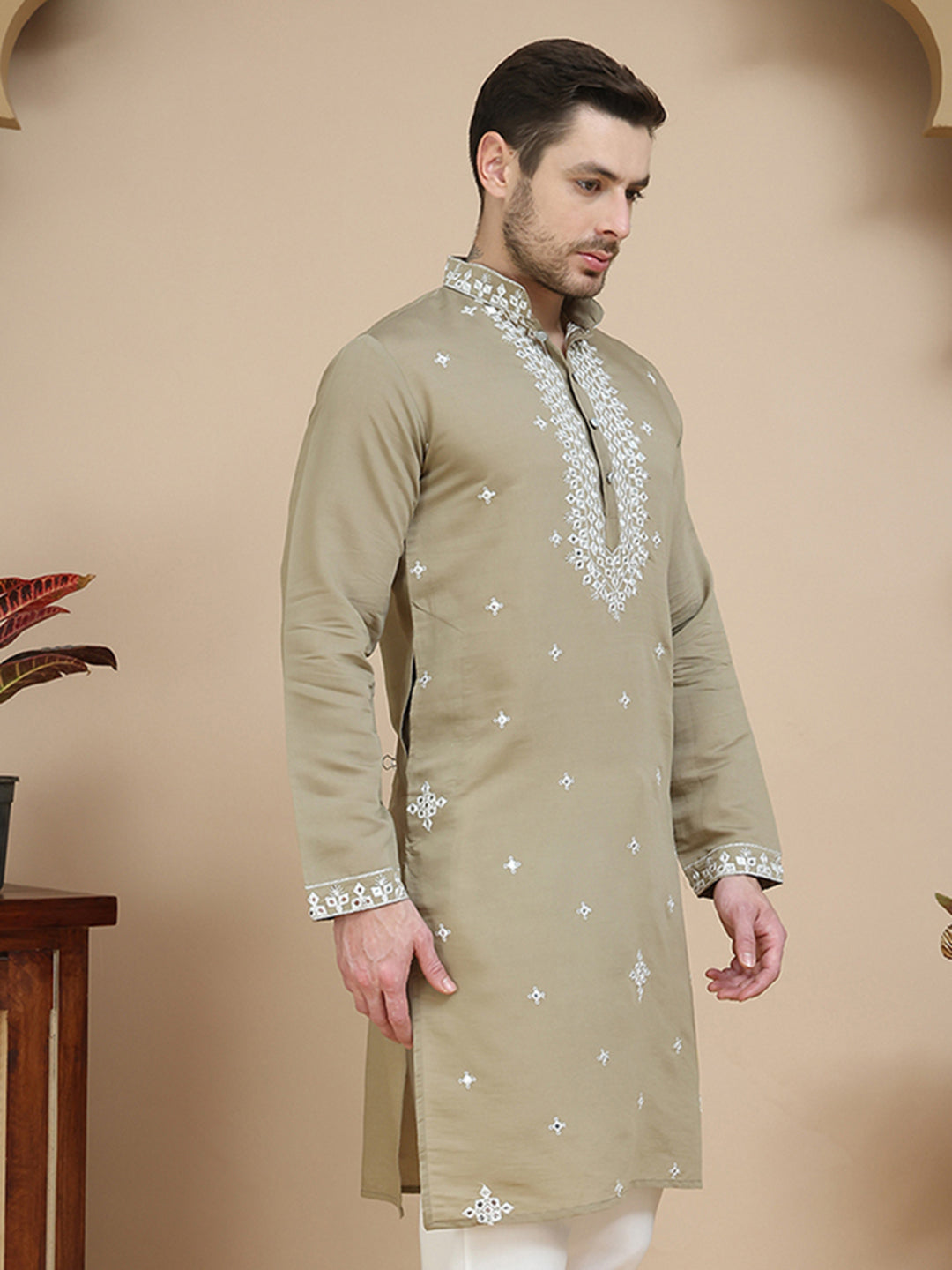 Men's Embroidered Kurtas ( KO 5045 Brown )