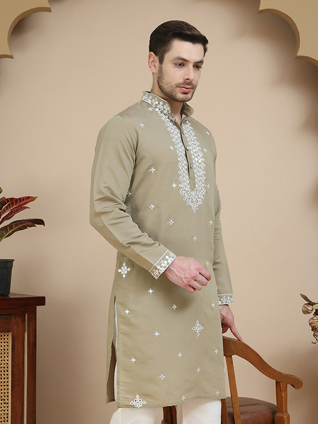 Men's Embroidered Kurtas ( KO 5045 Brown )