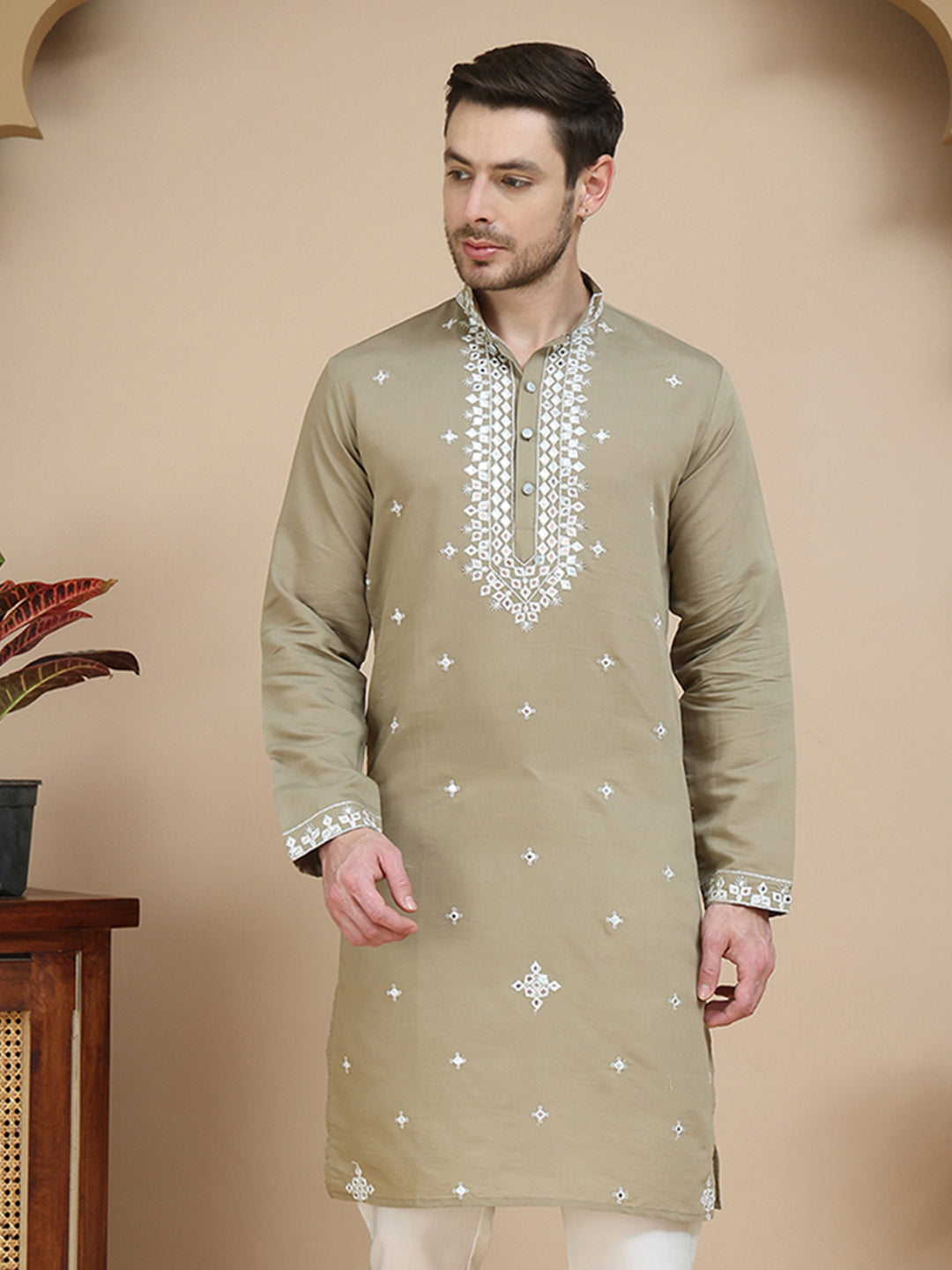 Men's Embroidered Kurtas ( KO 5045 Brown )