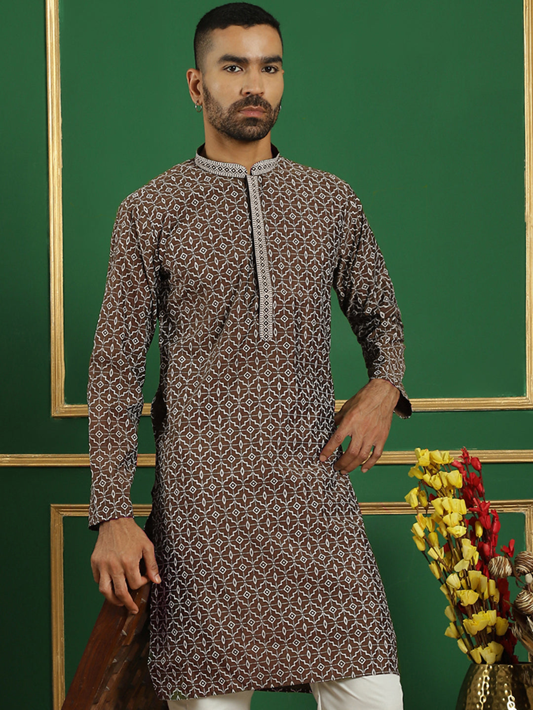 Men Brown Printed Kurtas ( KO 5060 Brown )