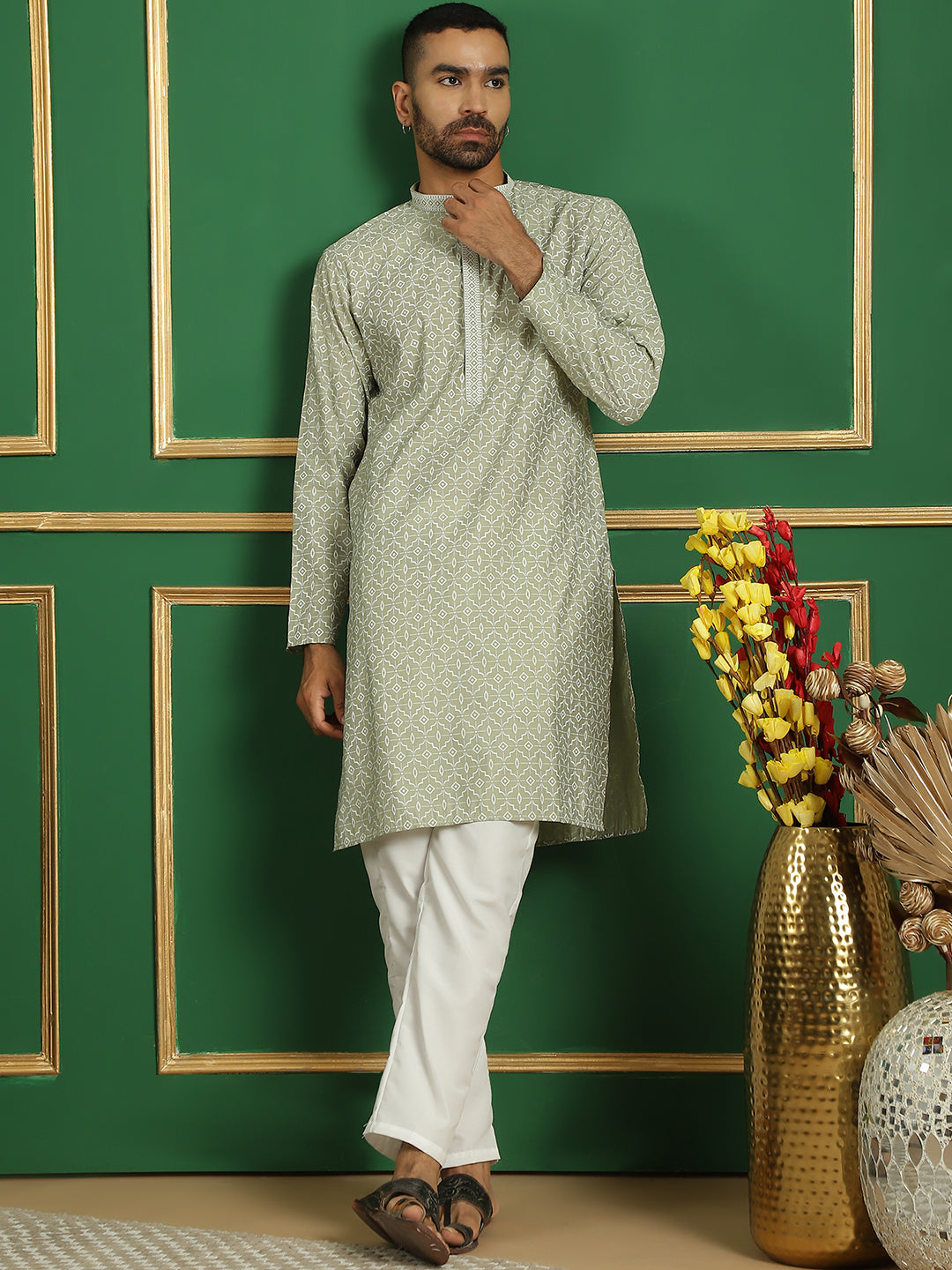 Men Blue Embroidered and Sequence Kurtas
