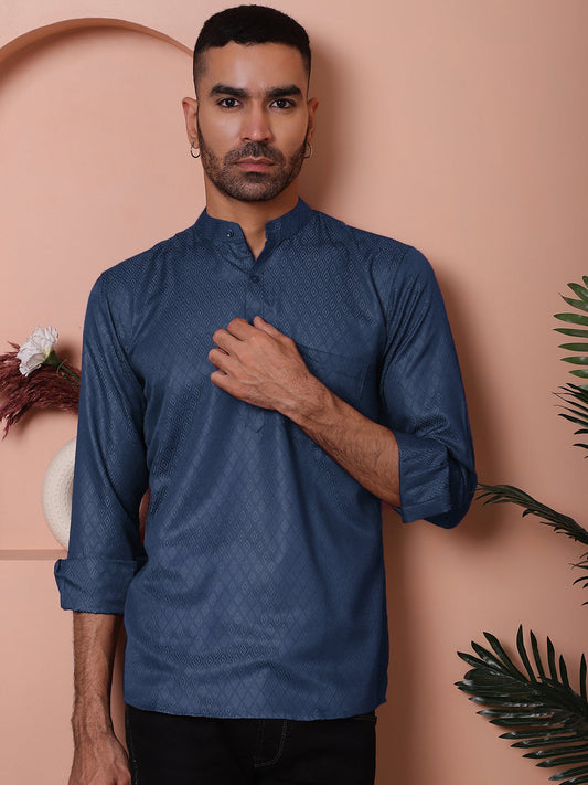 Woven Design Short Kurta for Men ( KO 5064 Navy )