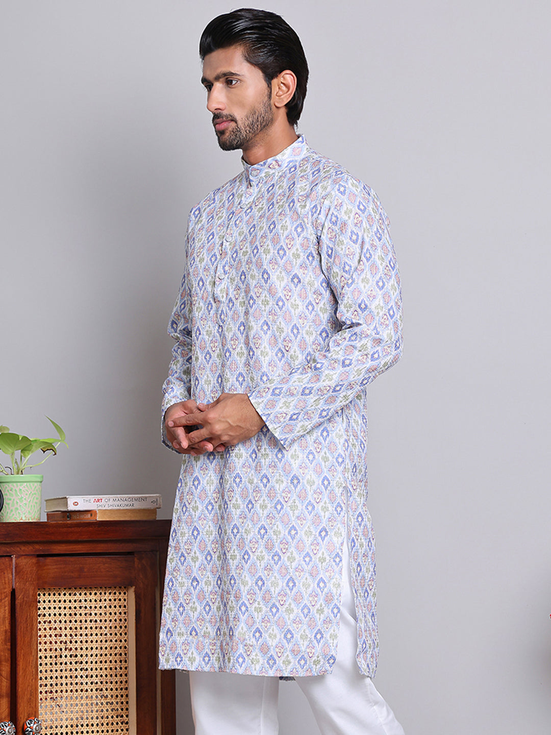 Men's Printed and Embroidered Kurtas ( INKO 5065Blue )