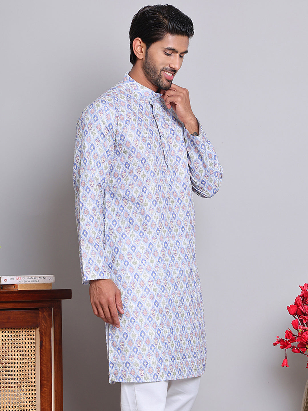 Men's Printed and Embroidered Kurtas ( INKO 5065Blue )