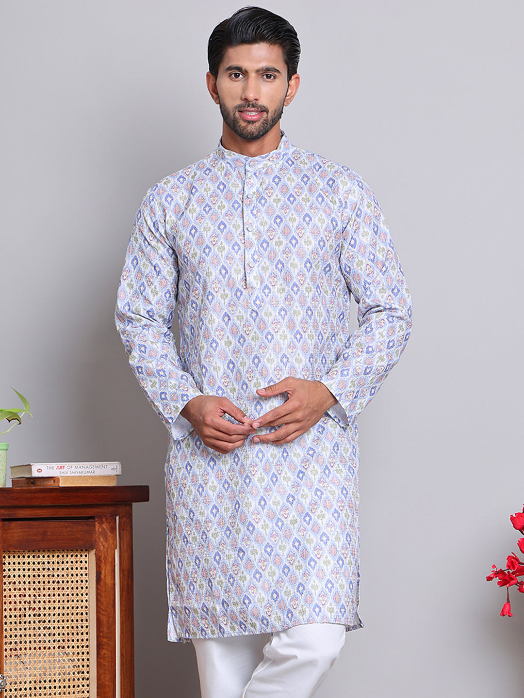 Men's Printed and Embroidered Kurtas ( INKO 5065Blue )
