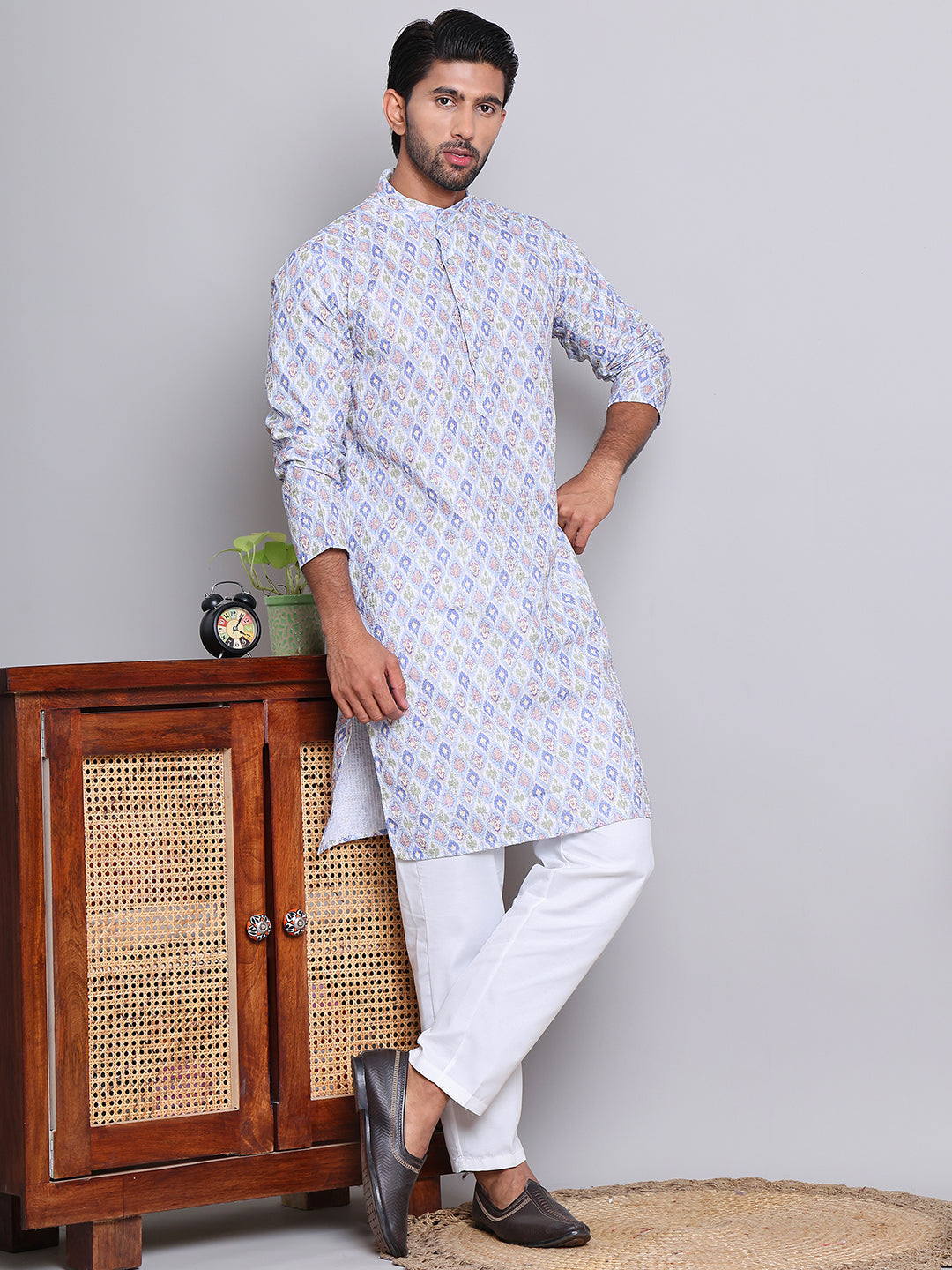 Men's Printed and Embroidered Kurtas ( INKO 5065Blue )