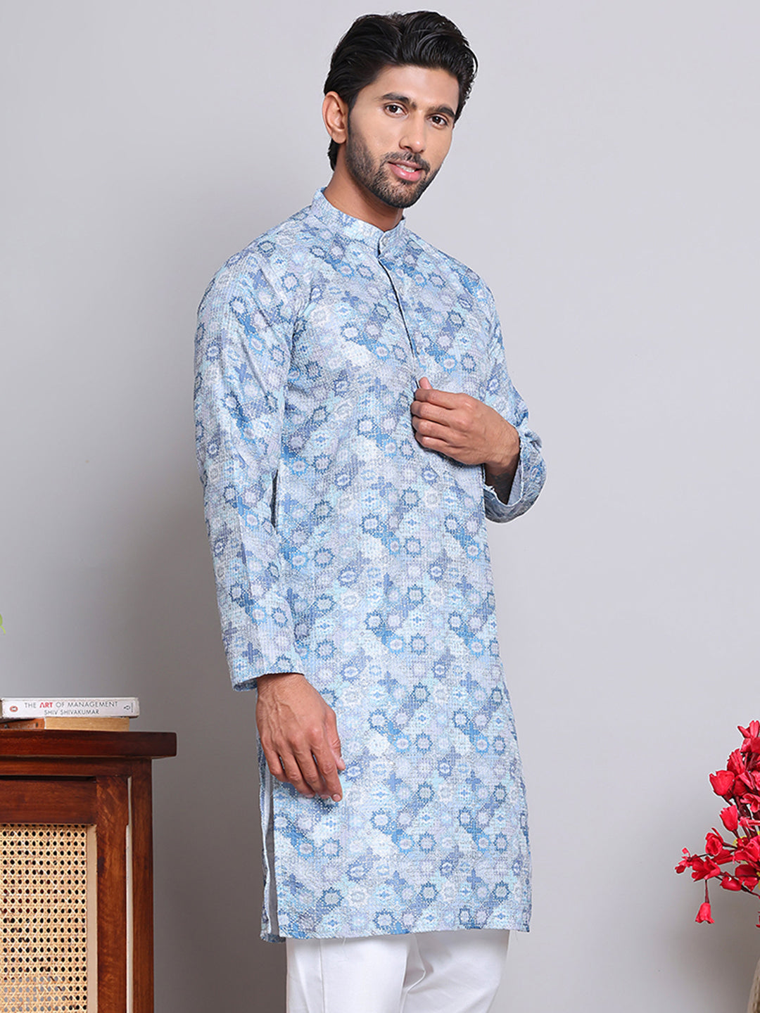Men's Printed and Embroidered Kurtas ( INKO 5065Grey )