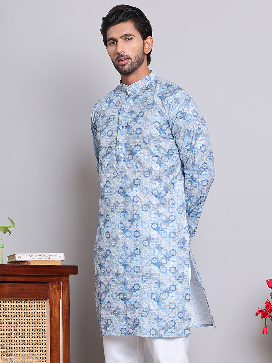 Men's Printed and Embroidered Kurtas ( INKO 5065Grey )