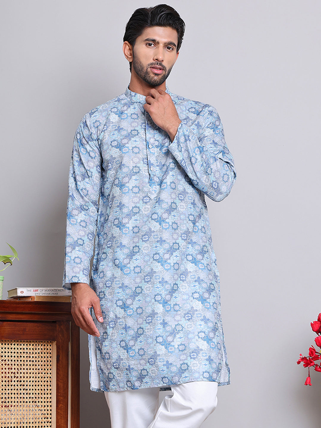 Men's Printed and Embroidered Kurtas ( INKO 5065Grey )