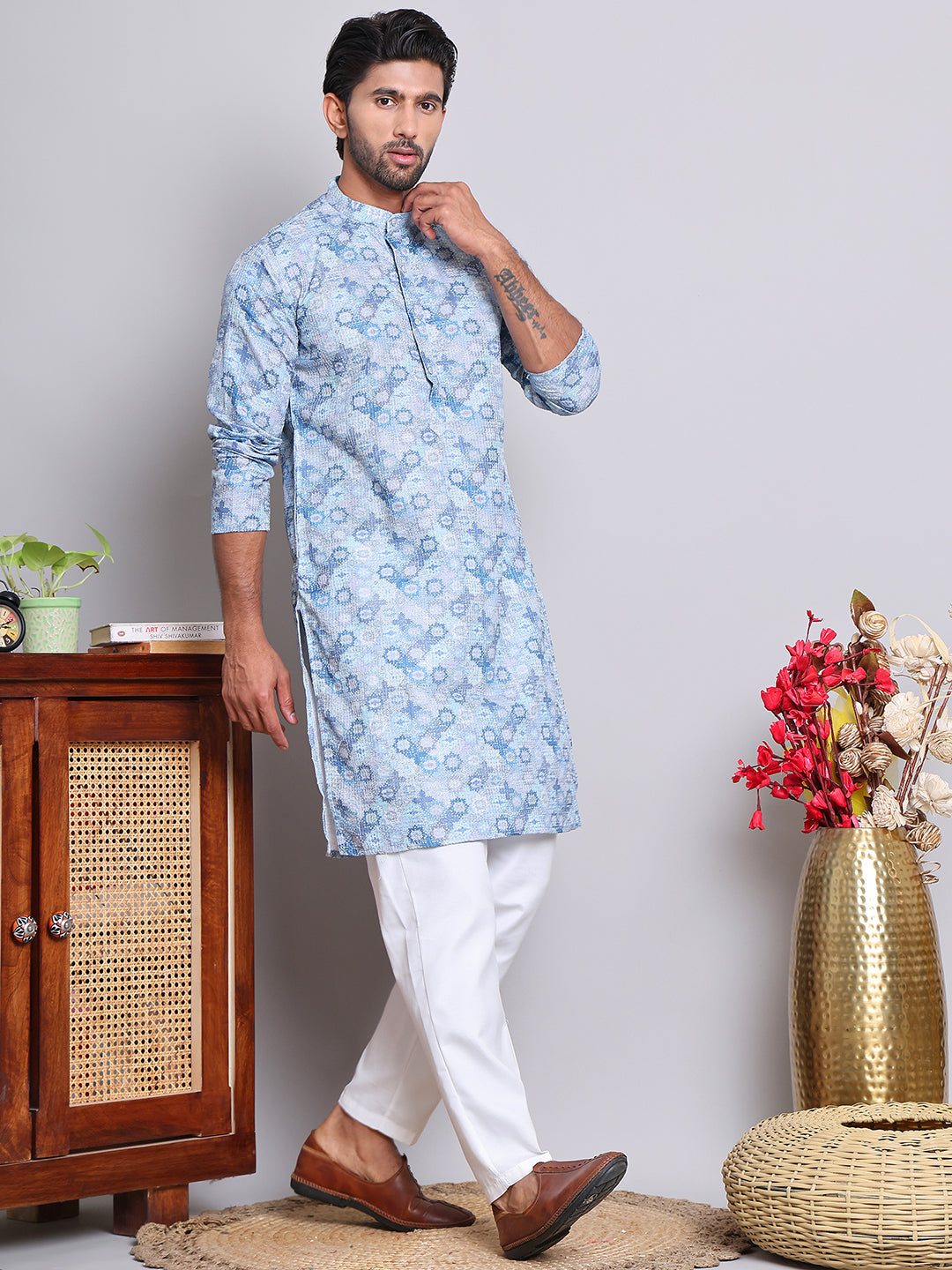 Men's Printed and Embroidered Kurtas ( INKO 5065Grey )