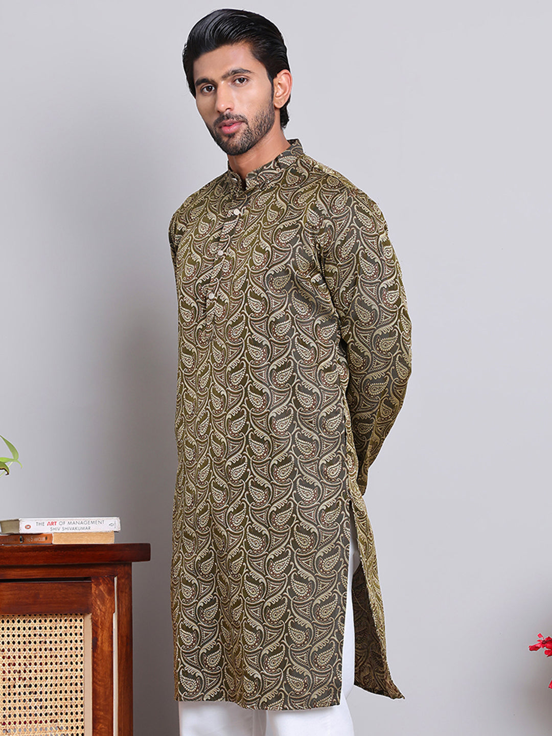 Men Black Silk Blend Straight Kurtas ( KUO 5071Black )