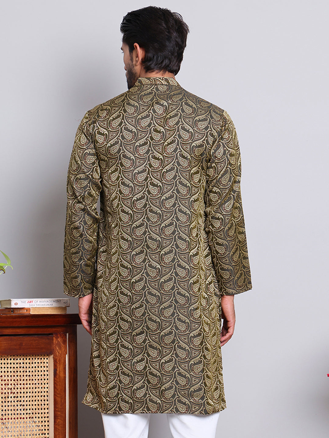 Men Black Silk Blend Straight Kurtas ( KUO 5071Black )