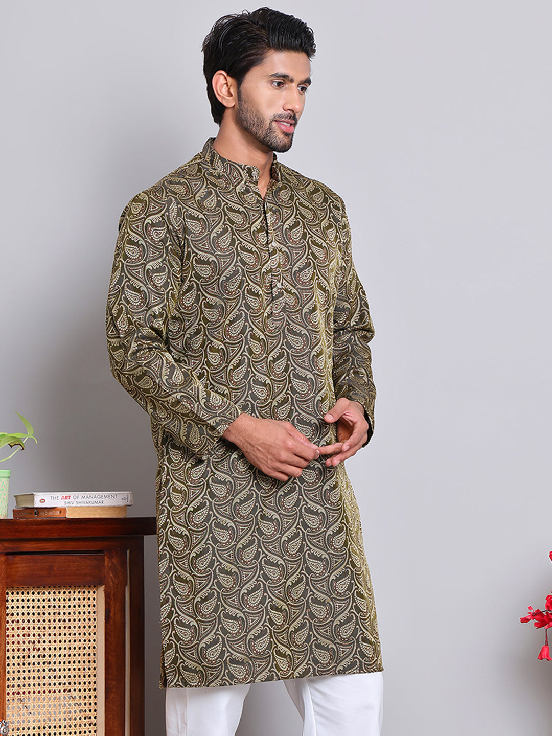 Men Black Silk Blend Straight Kurtas ( KUO 5071Black )