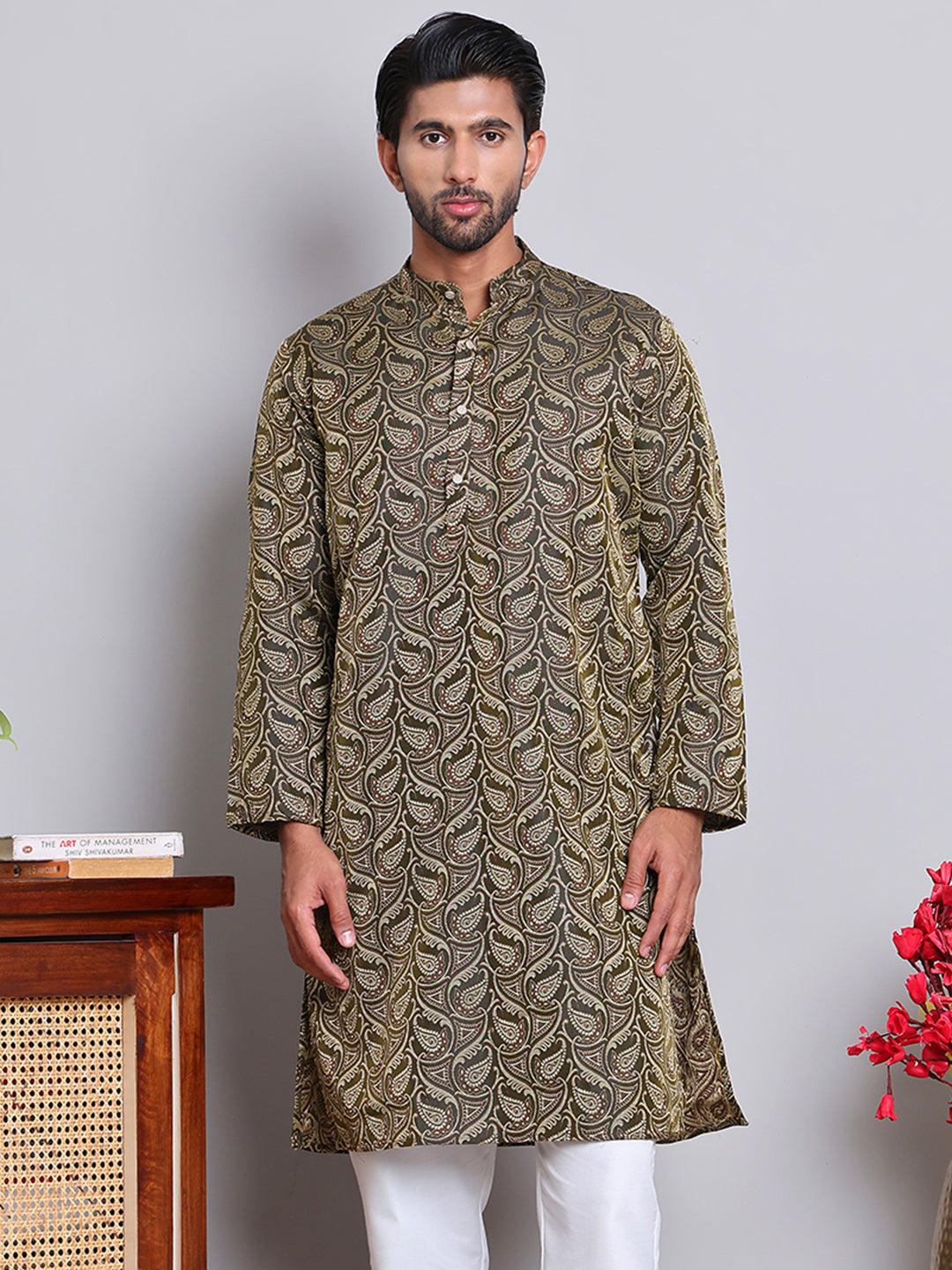 Men Black Silk Blend Straight Kurtas ( KUO 5071Black )