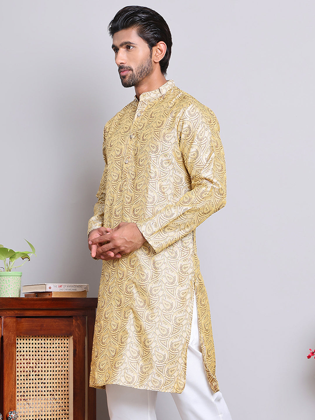 Men Golden Silk Blend Straight Kurtas ( KUO 5071Golden )