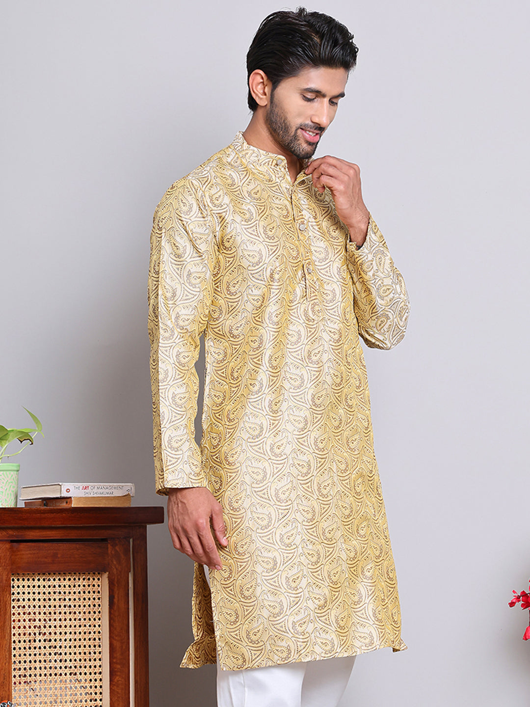 Men Golden Silk Blend Straight Kurtas ( KUO 5071Golden )