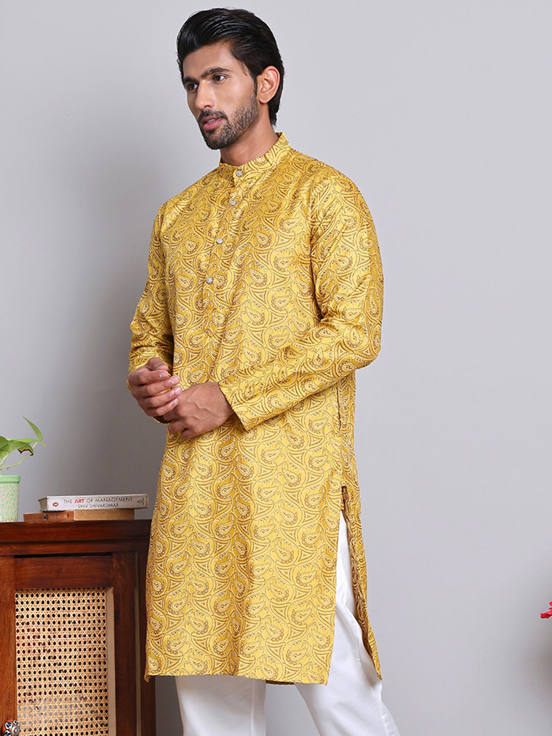 Men Yellow Silk Blend Straight Kurtas ( KUO 5071Yellow )