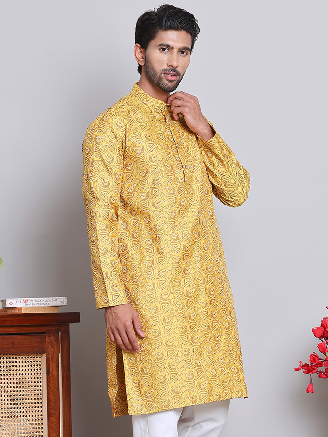 Men Yellow Silk Blend Straight Kurtas ( KUO 5071Yellow )