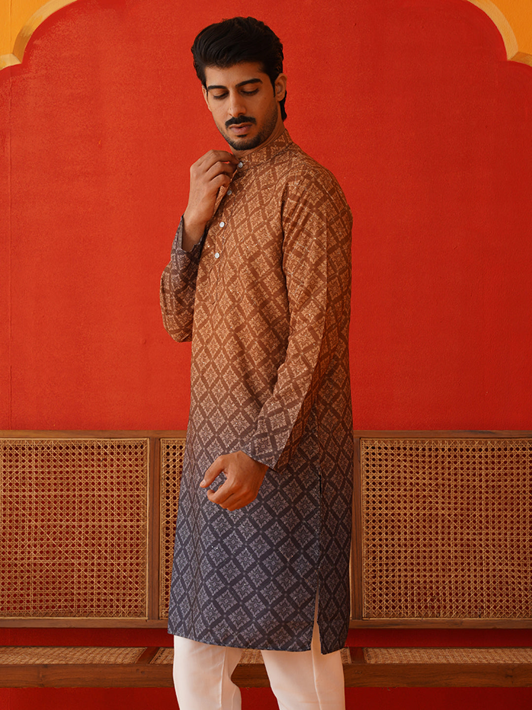 Brown Ombre Printed Kurtas For Men ( KO 5074Brown )