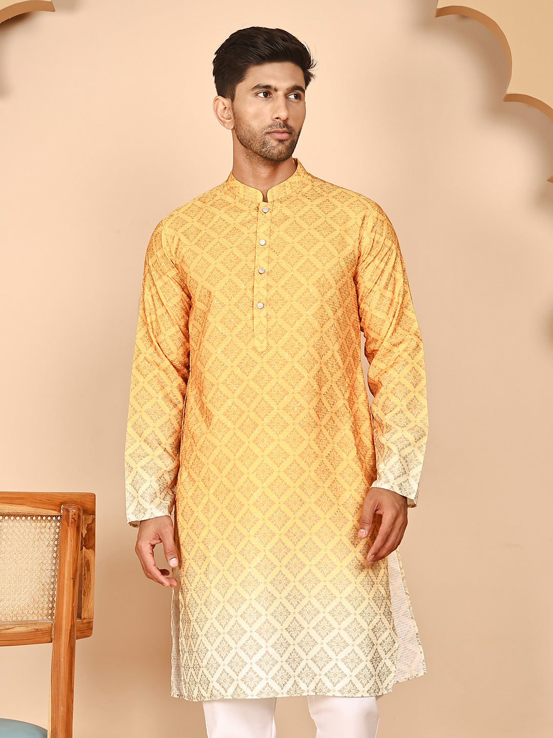 Ombre Printed Kurtas For Men ( KO 5074 Mustard ) [FF] [K-7-12]