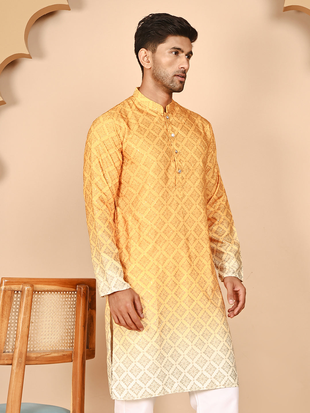 Ombre Printed Kurtas For Men ( KO 5074 Mustard ) [FF] [K-7-12]