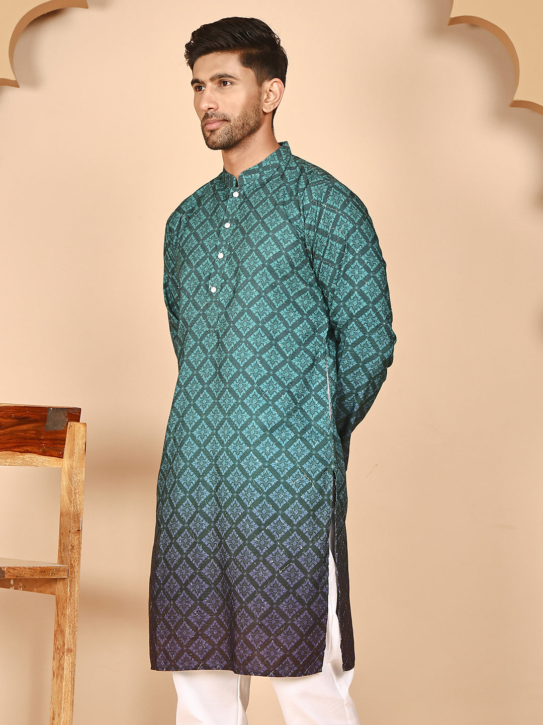 Ombre Printed Kurtas For Men ( KO 5074 Teal ) [FF] [K-7-12]