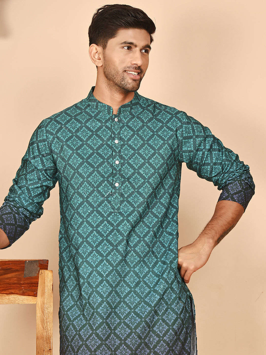 Ombre Printed Kurtas For Men ( KO 5074 Teal ) [FF] [K-7-12]