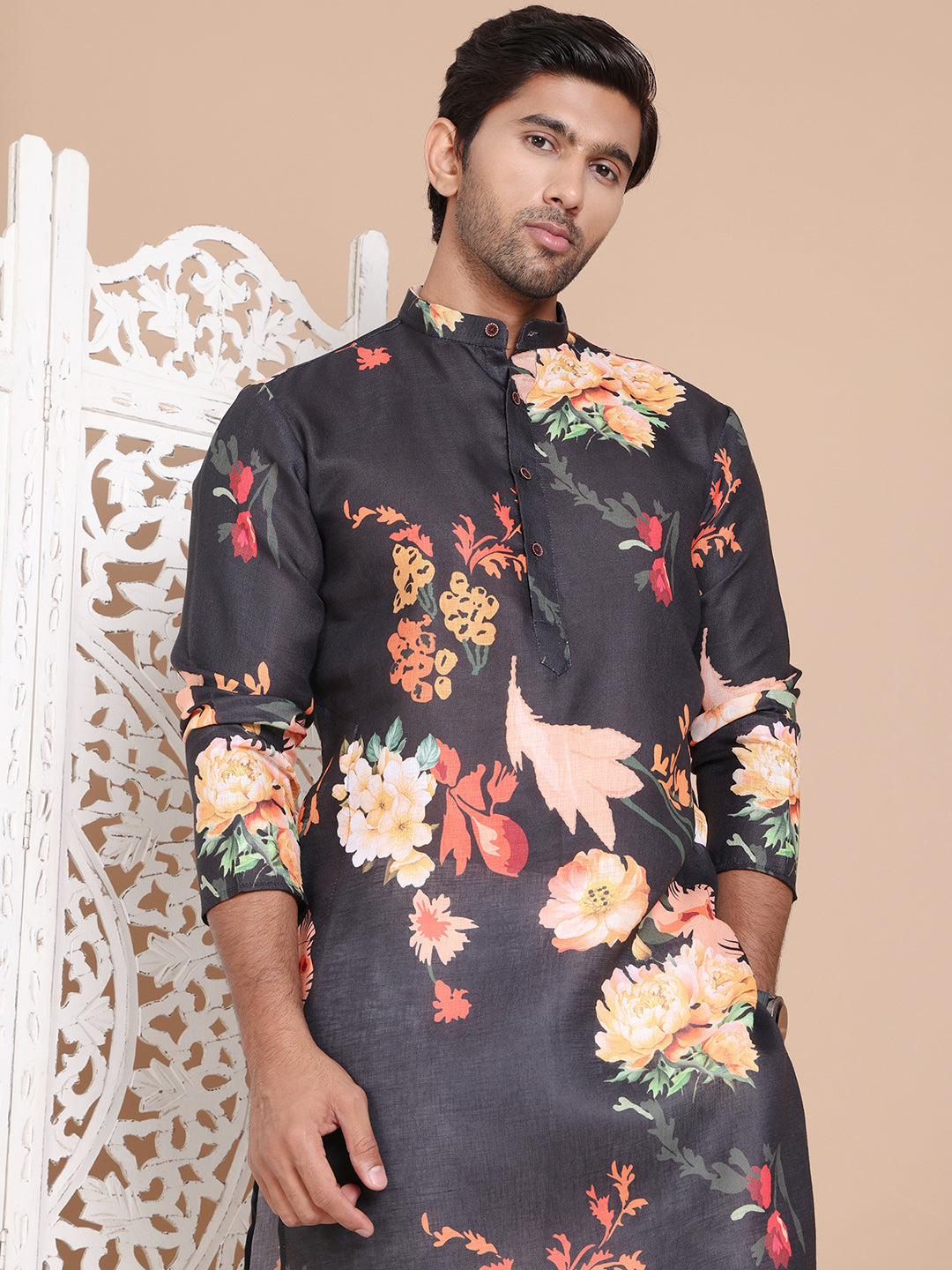 Men's Printed Pure Cotton Kurtas ( KO 5079Black )