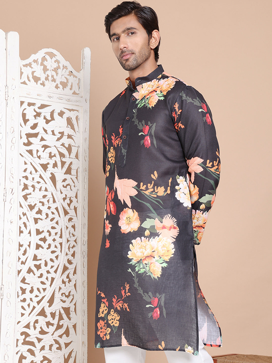 Men's Printed Pure Cotton Kurtas ( KO 5079Black )