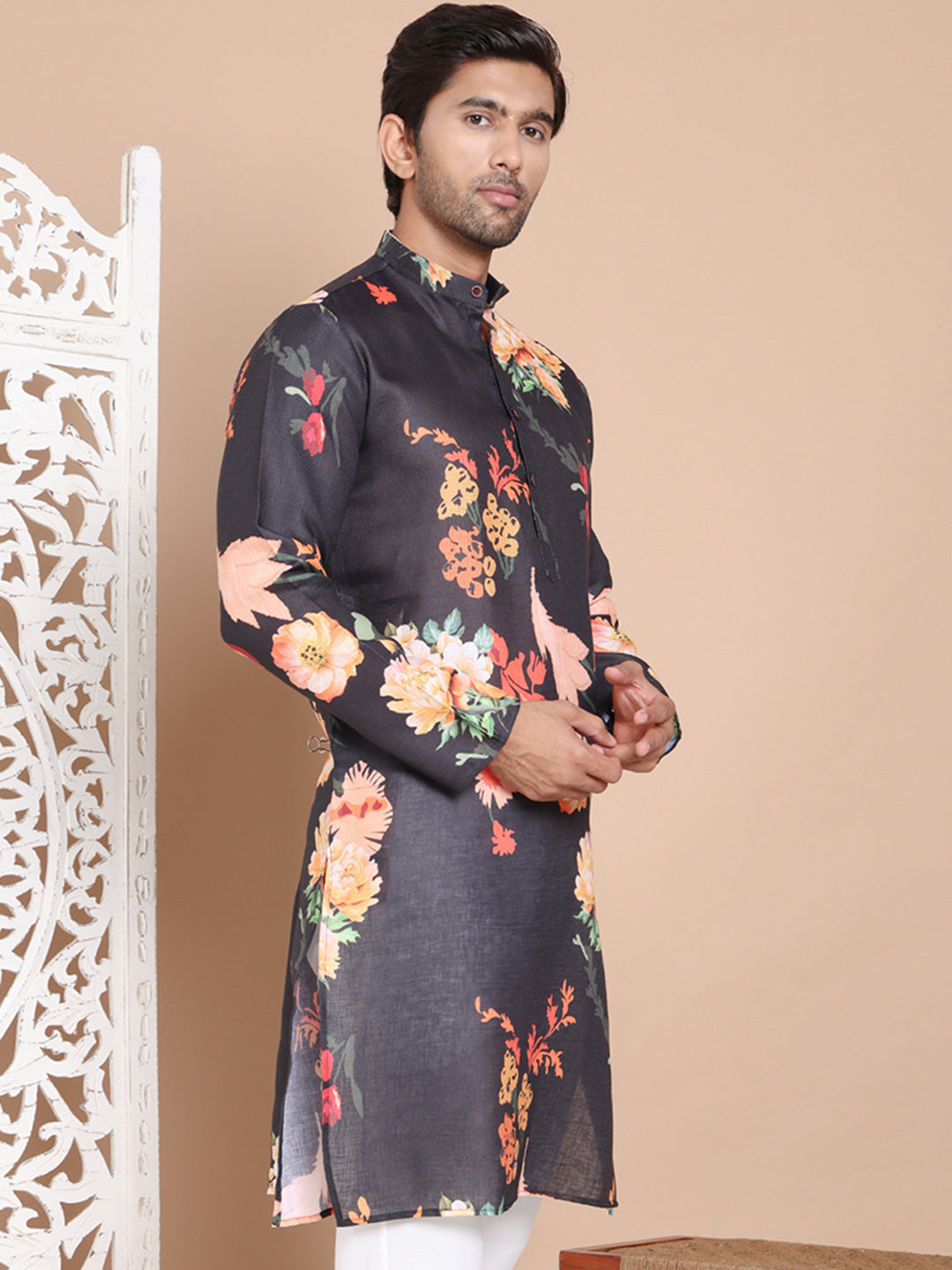 Men's Printed Pure Cotton Kurtas ( KO 5079Black )