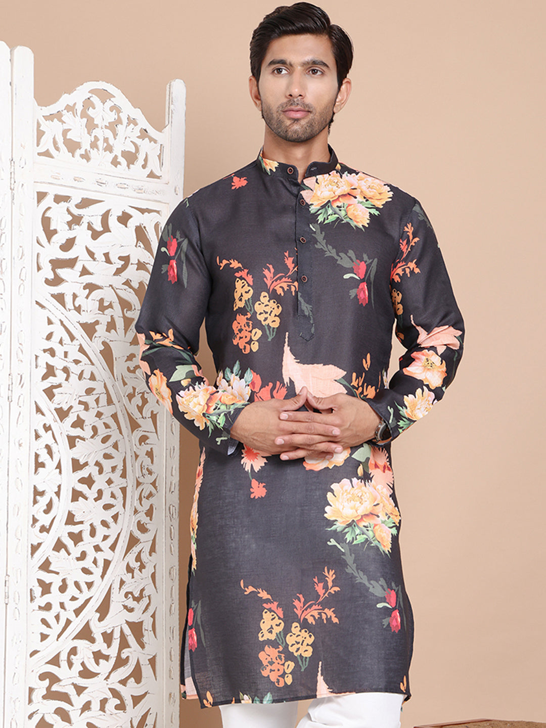 Men's Printed Pure Cotton Kurtas ( KO 5079Black )