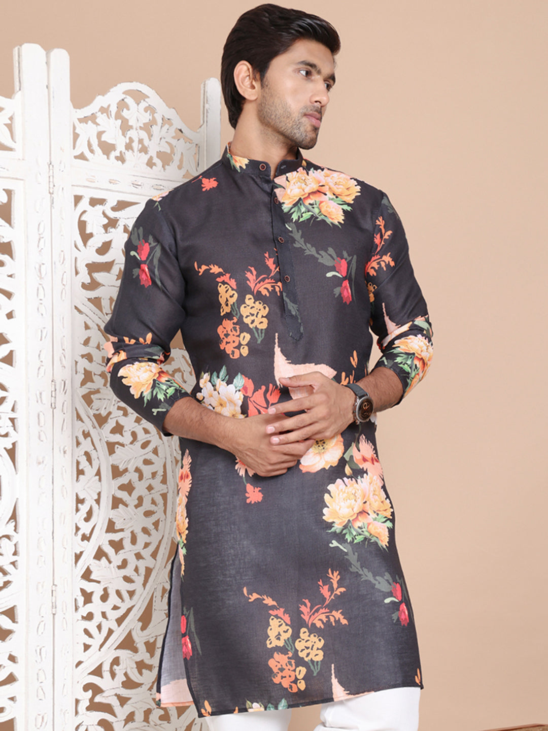 Men's Printed Pure Cotton Kurtas ( KO 5079Black )